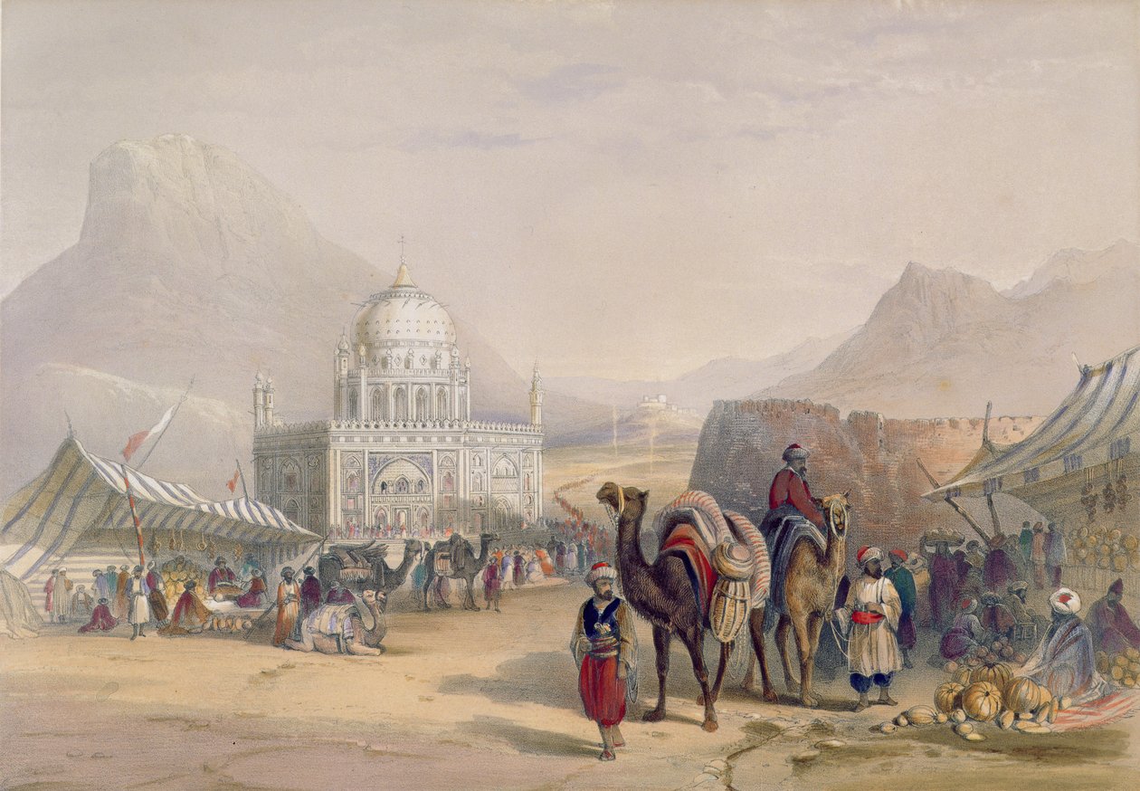 „Ahmed Shauh”, Afganisztán királyának temploma, Kandahar, 27. tábla „Afganisztán díszletei, lakói és jelmezei” című könyvből, metszett: Robert Carrick (kb. 1829-1904) 1848 alkotó: James Rattray