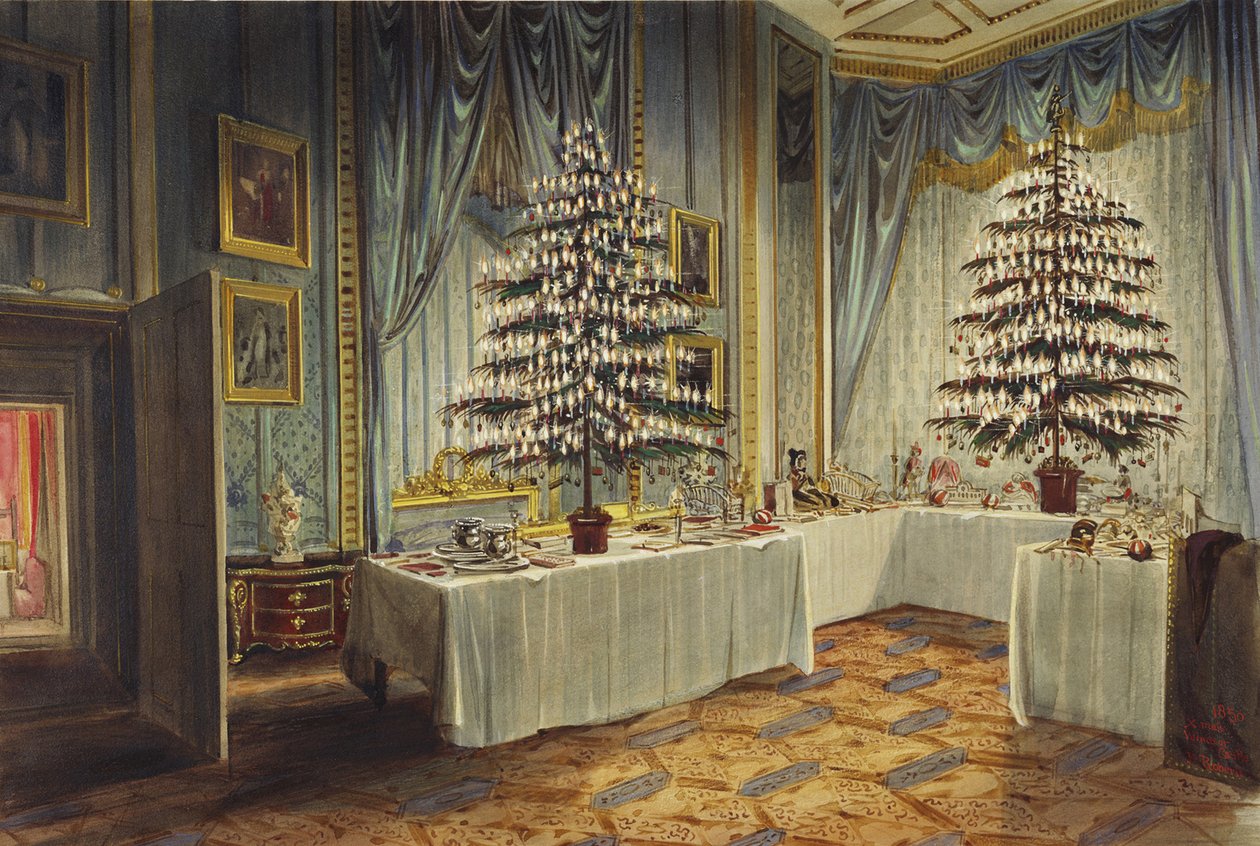 Kent hercegnő és a királyi gyerekek karácsonyfái a windsori kastélyban, 1850 alkotó: James Roberts