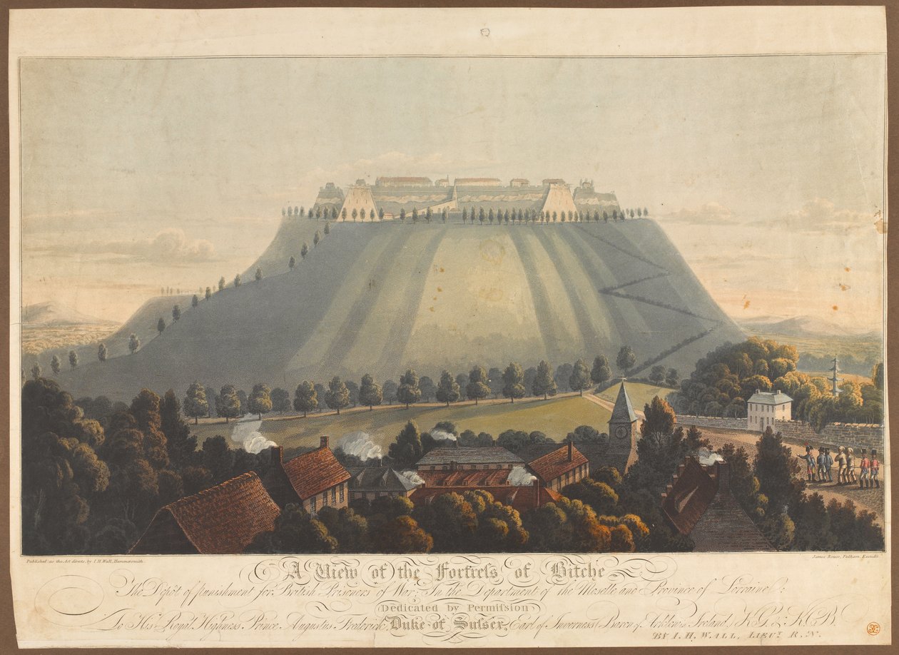 Kilátás a Bitche-erődre. Büntetésraktár brit hadifoglyok számára, 1799 alkotó: James Rouse