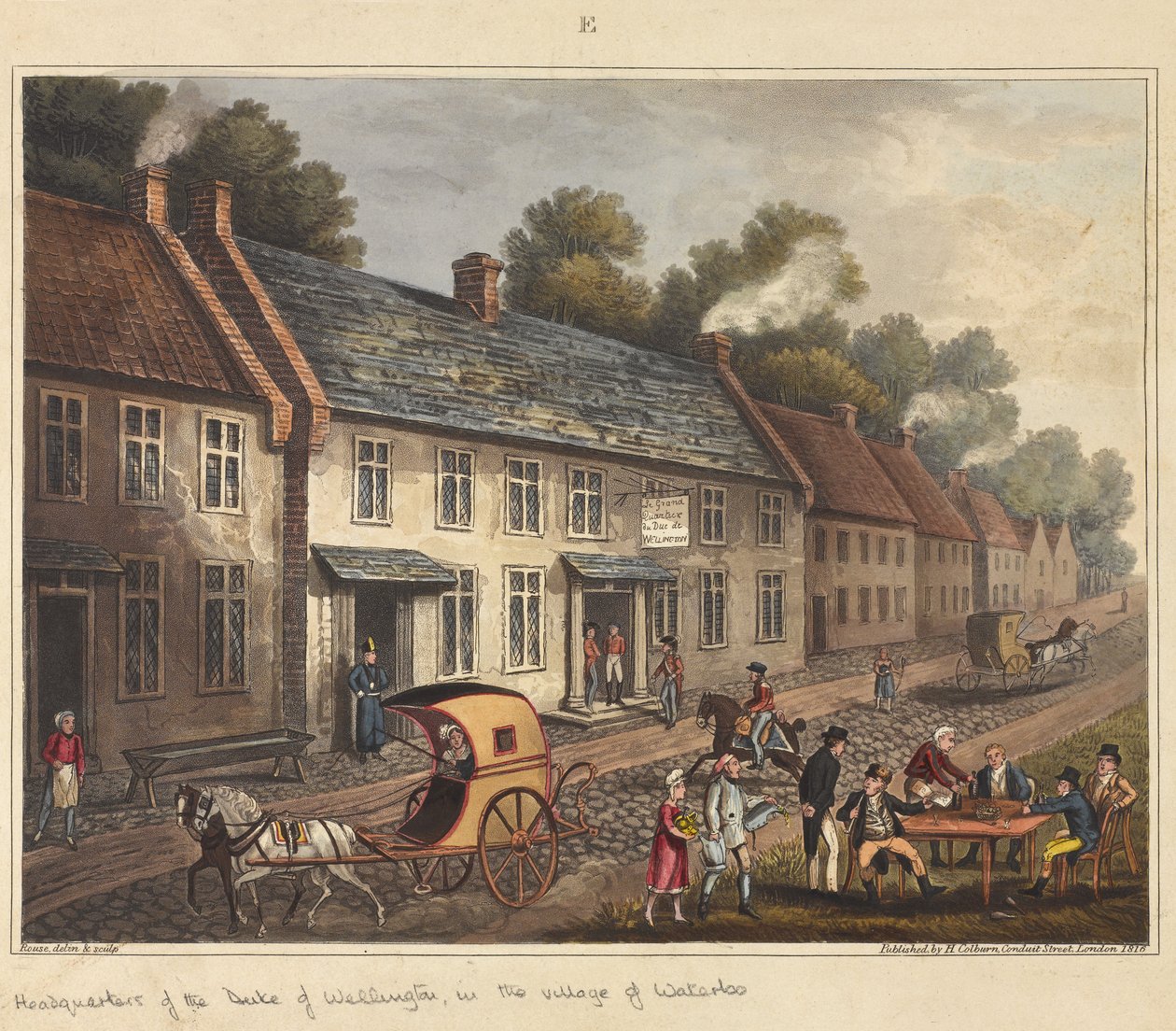 Wellington hercegének székhelye Waterloo faluban, az „An Historical Account of the Battle of Waterloo”, 1817 (színes akvatinta) alkotó: James Rouse