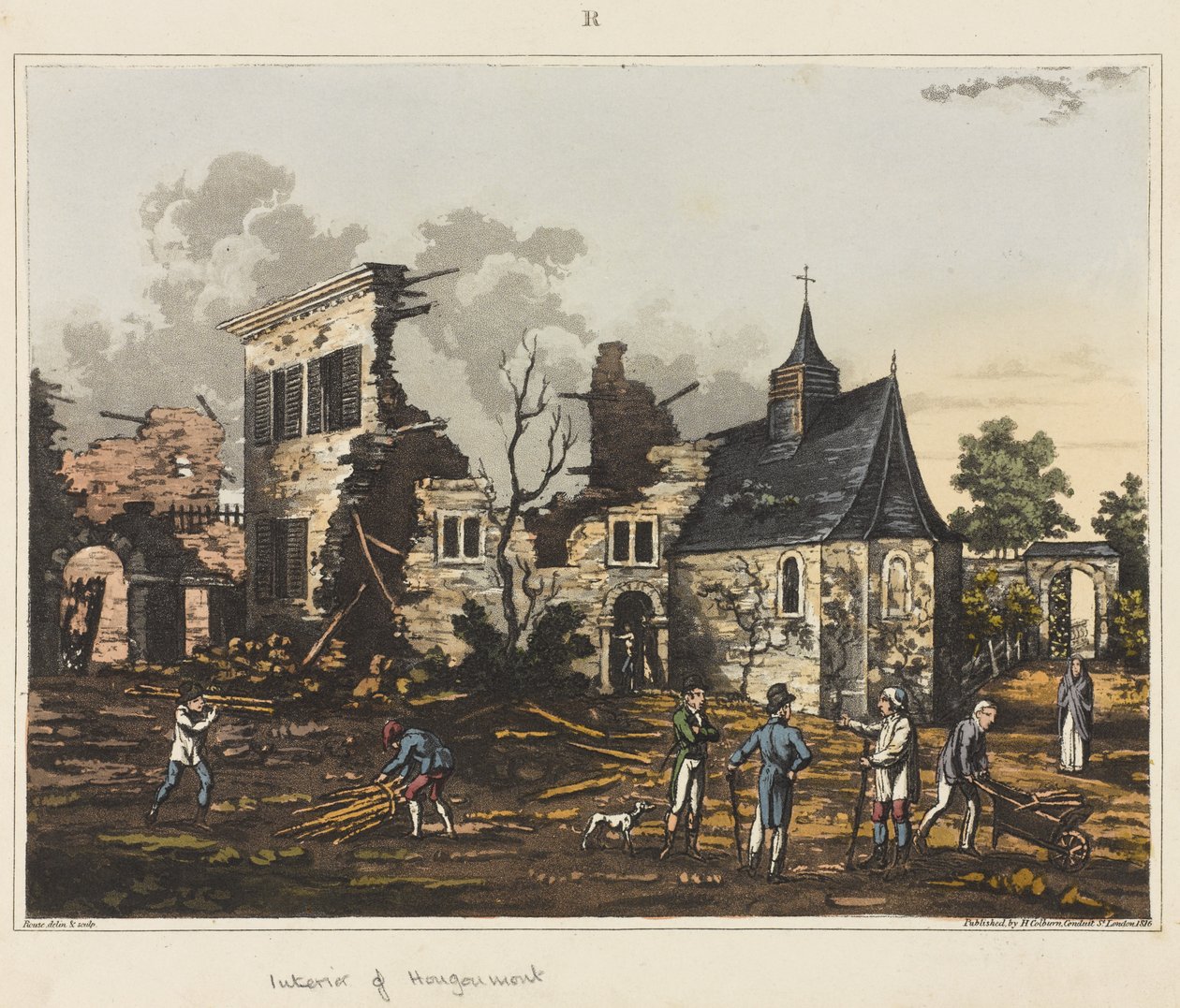 Hougoumont belseje, „An Historical Account of the Battle of Waterloo”, 1817 (színes akvatinta) alkotó: James Rouse