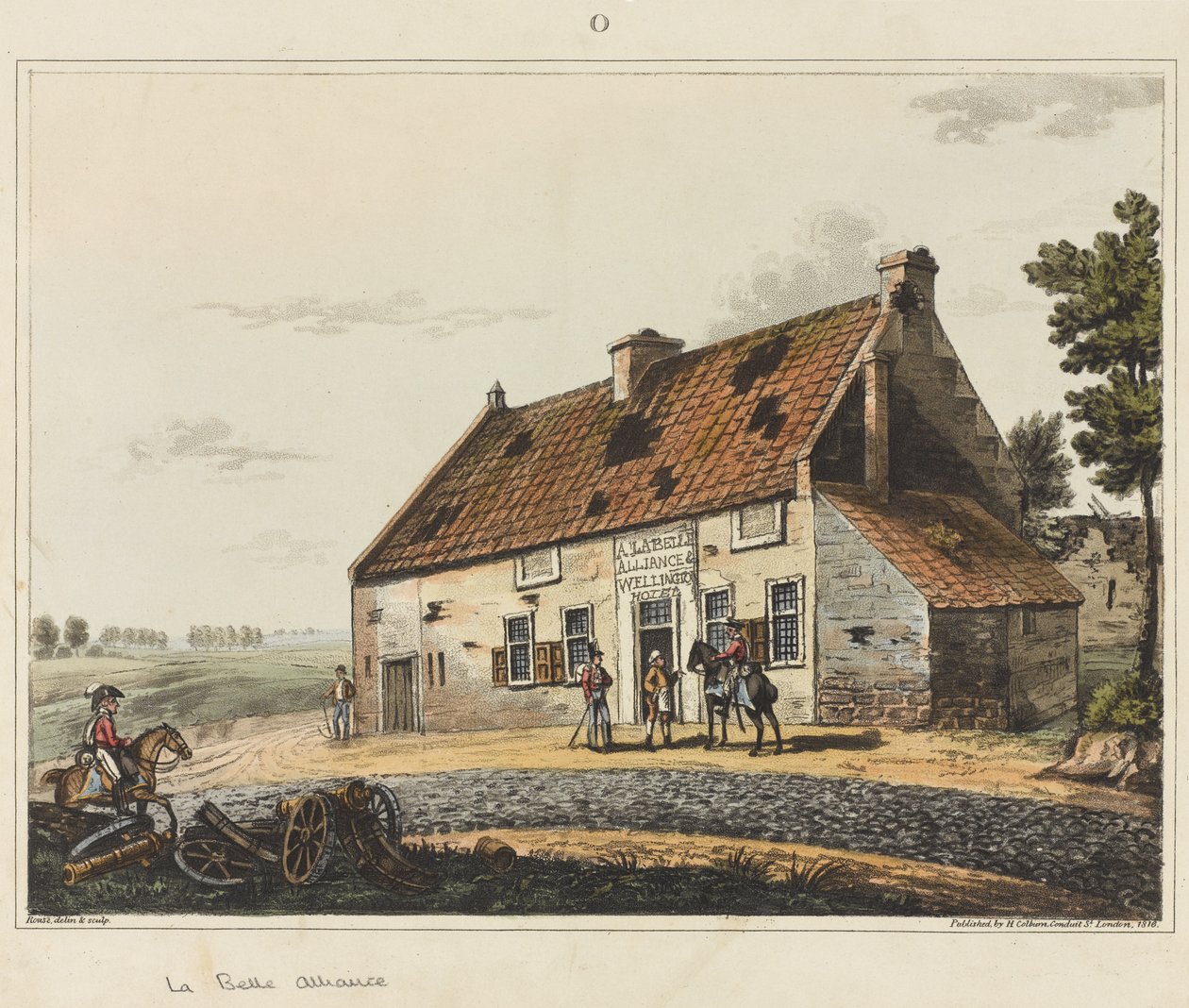 La Belle Alliance, a "Történelmi beszámoló a waterlooi csatáról" című műből, 1817 (színes aquatinta) alkotó: James Rouse