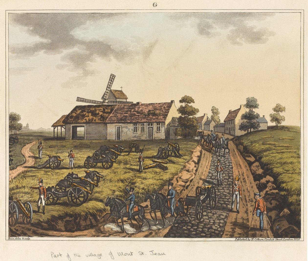 Mont St Jean falu része, az „An Historical Account of the Battle of Waterloo”, 1817 (színes akvatinta) alkotó: James Rouse