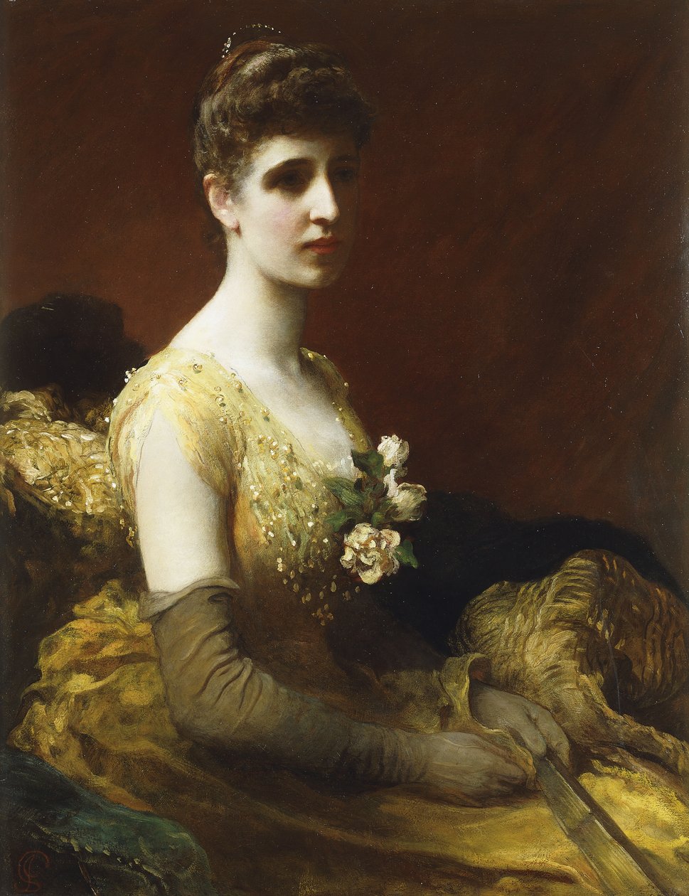 Lady Dixon Rhedai portréja, háromnegyed hosszú, sárga ruhában ül, virágokkal és legyezővel, alkotó: James Sant