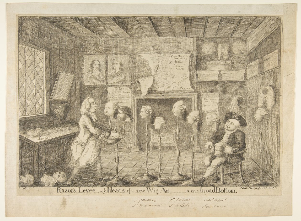 Razors Levée, avagy Ye Heads of a New Wig Ad [administration] on a Broad Bottom, 1783. április 21. alkotó: James Sayers