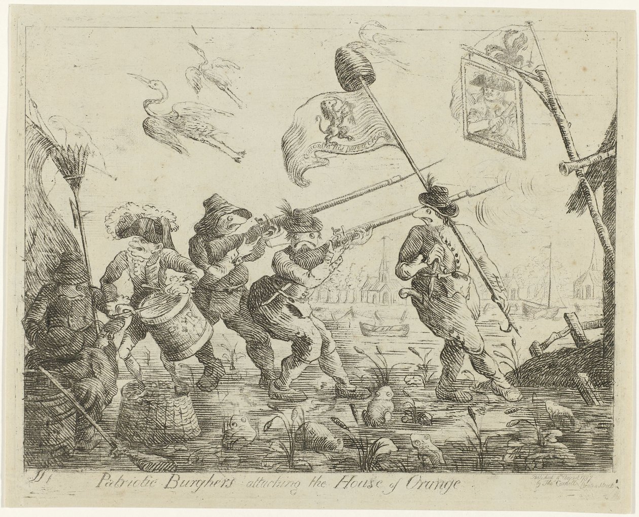 Spotprent op Goejanverwellesluis, 1787 Hazafias polgárok megtámadják a House of Orange-t (cím a tárgyon) alkotó: James Sayers