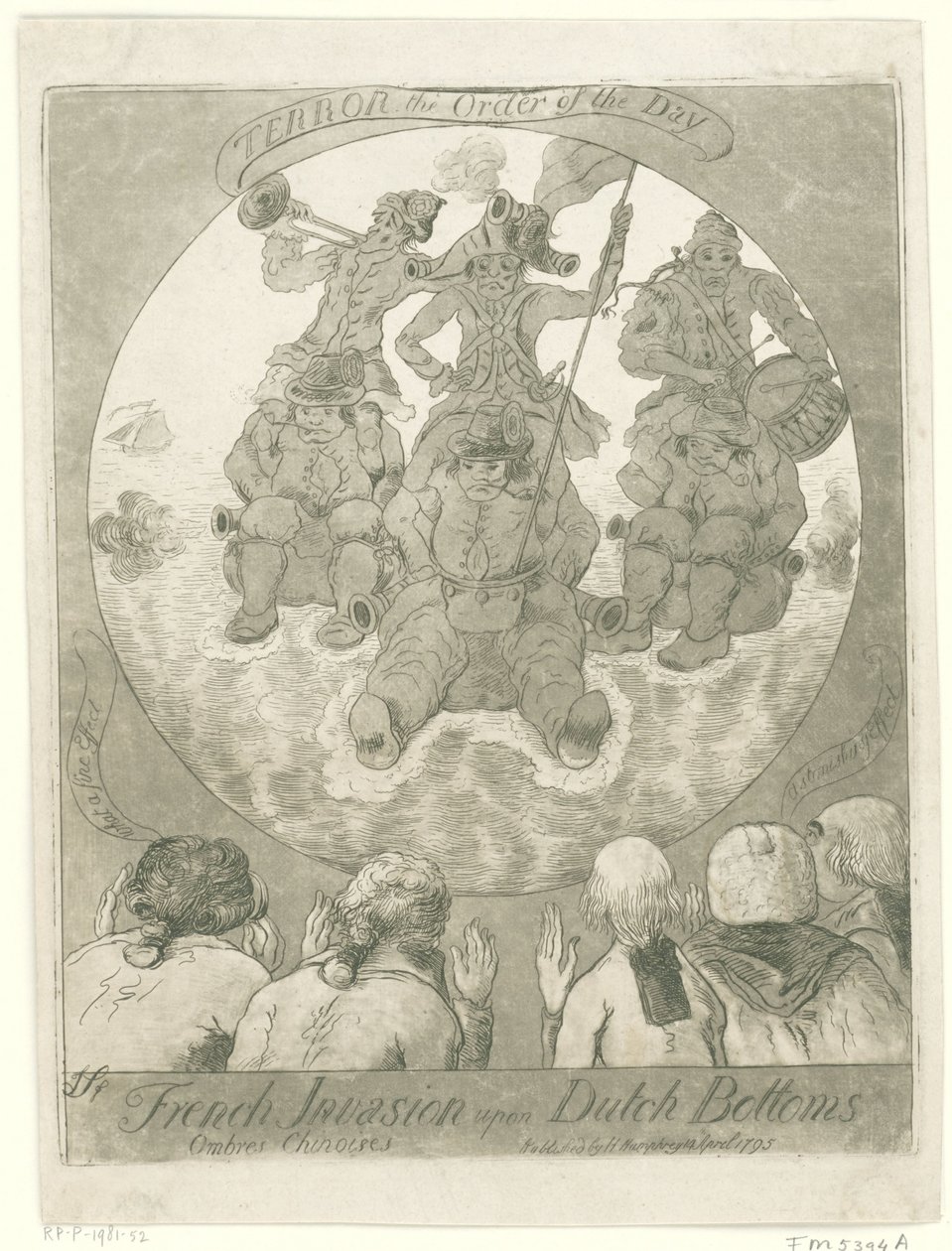 Spotprent op de Franse invasie, 1795 Francia invázió a holland fenékre. Ombres Chinoises / Terror the Order of the Day (cím a tárgyon) alkotó: James Sayers