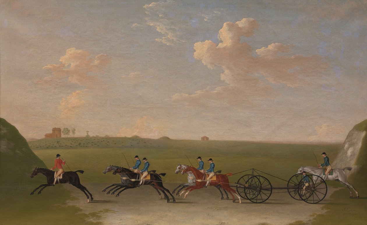 A Chaise Match Run Newmarket Heath-en 1750. augusztus 29-én, szerdán alkotó: James Seymour