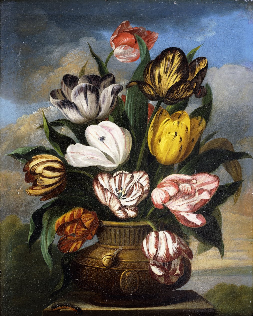Tulipánok vázában, hernyóval, csigával és légy, lábazaton, tájban, 1826 alkotó: James Sillett