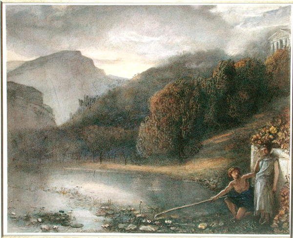 Táj templommal és pásztorfigurákkal (akvarell papíron) alkotó: James Smetham