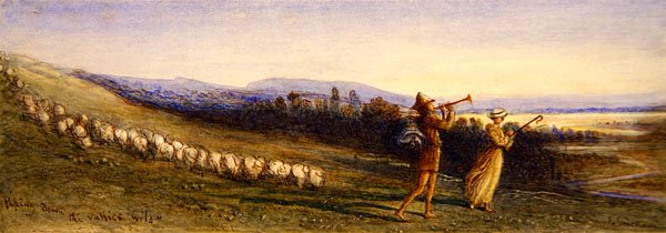 „Piping down the Valleys wild” (akvarell és barna tinta papíron) alkotó: James Smetham