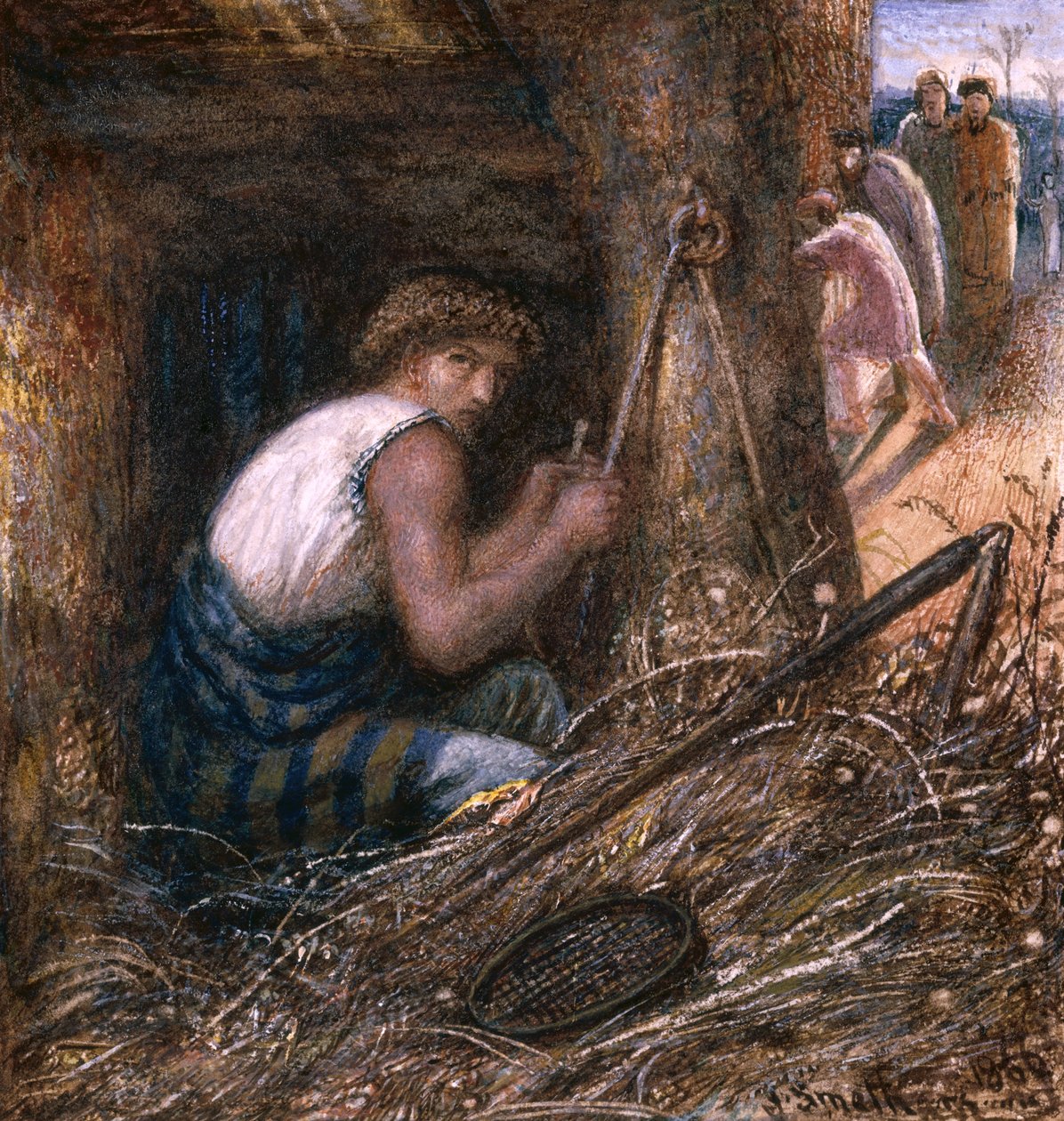 Saul a holmik között bujkál, 1866 (wc, olaj és gumiarábik papíron) alkotó: James Smetham