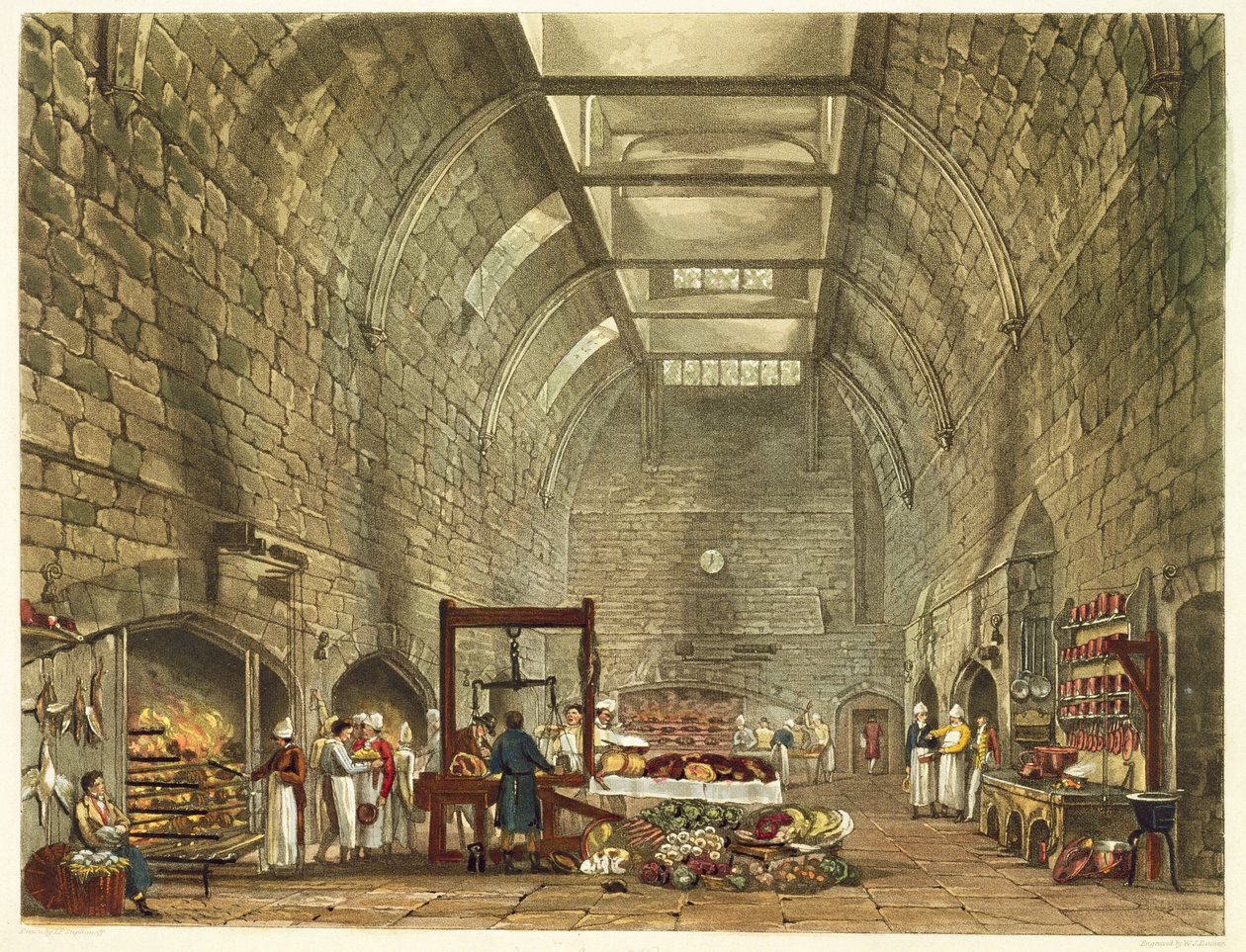 Ősi konyha, windsori kastély, vésette William James Bennett (1787-1844) William Henry Pyne (1769-1843) kocsmájából, „A királyi rezidenciák története” című művéből. 1818 alkotó: James Stephanoff
