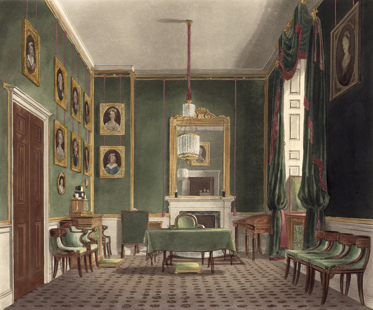 A Buckingham-ház zöld szekrénye, a "The History of the Royal Residences" című könyvből, metszette Daniel Havell (1785-1826), William Henry Pyne (1769-1843), 1819. alkotó: James Stephanoff
