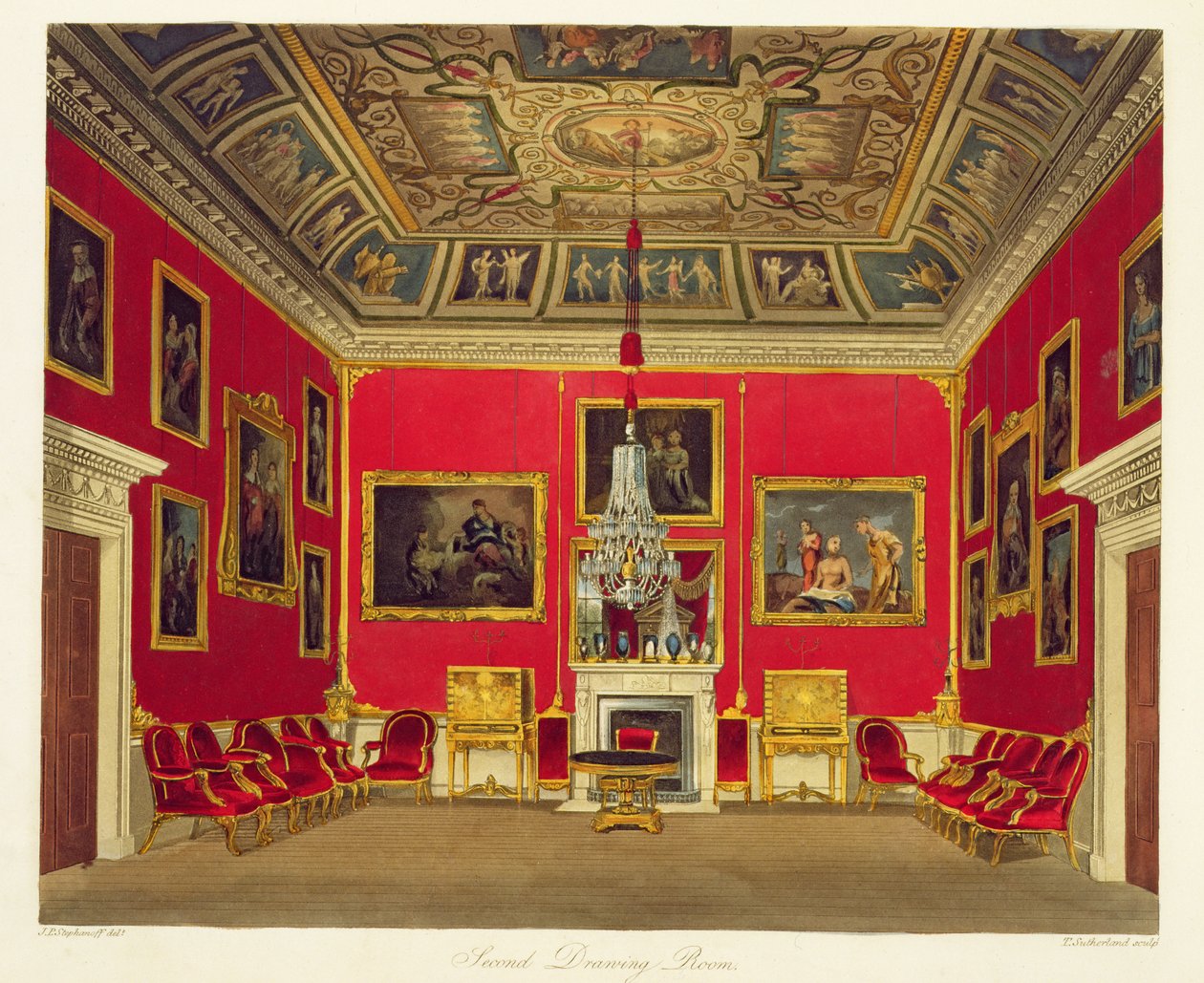 The Second Drawing Room, Buckingham House, "The History of the Royal Residences", vésette Thomas Sutherland (sz.1785), William Henry Pyne (1769-1843), 1818 alkotó: James Stephanoff