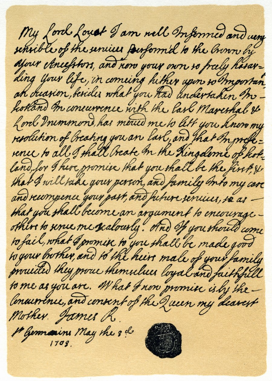 James Edward Stuart levele Simon Frasernek, Lord Lovatnak, St Germains-ben, 1703. május 3. alkotó: James Stuart
