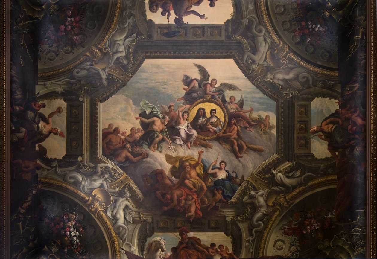 A festett terem felső csarnokának mennyezete, 1707-27 körül (falfestmény) alkotó: James Thornhill