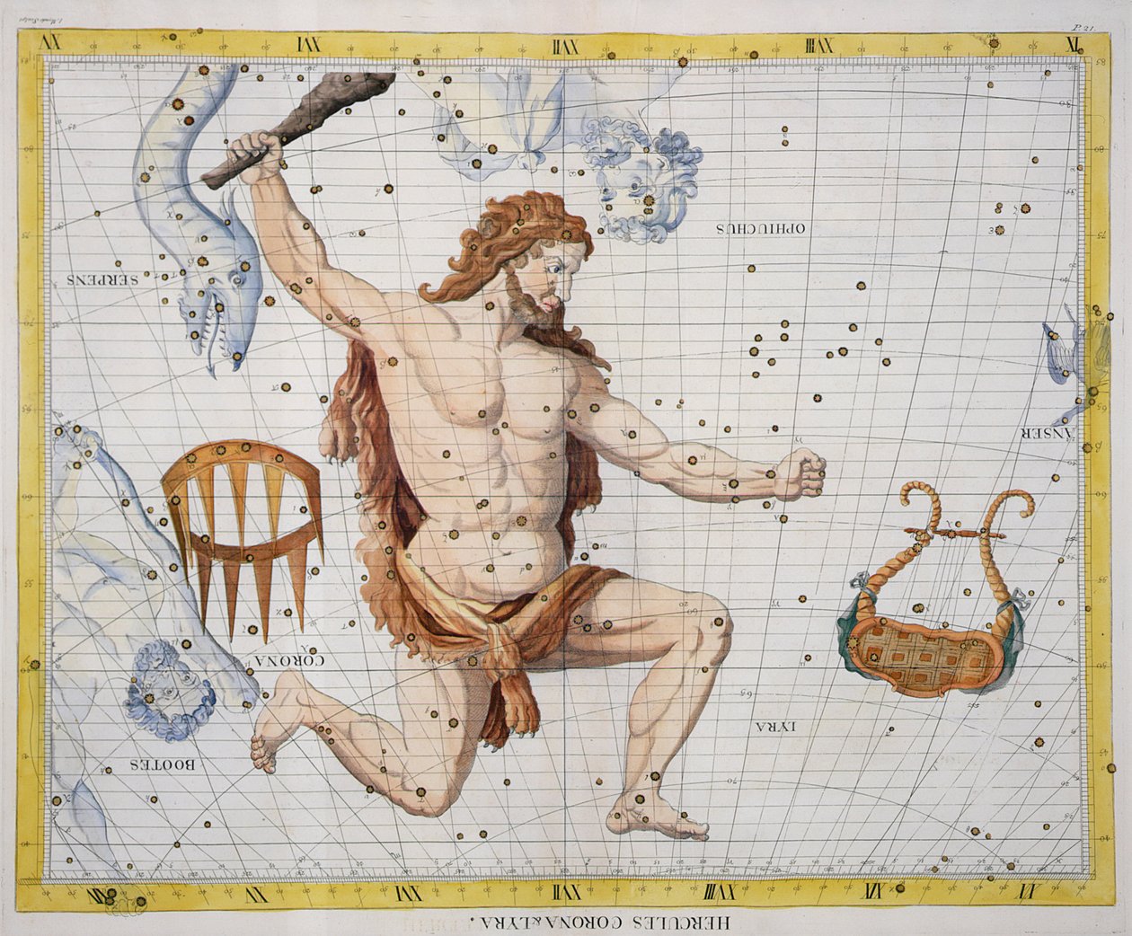 Herkules csillagkép Koronával és Lyrával, 21. lemez az „Atlas Coelestis”-ből, John Flamsteed (1646-1710), 1729-ben megjelent (kézzel színezett metszet) alkotó: James Thornhill
