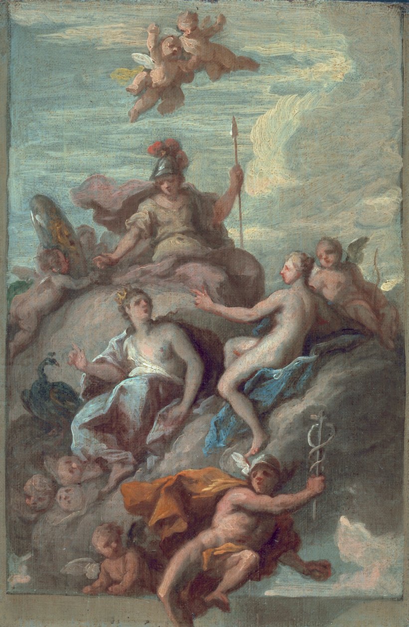 Juno, Minerva és Vénusz elküldi a Merkúrt a viszály almával, 1718 körül alkotó: James Thornhill