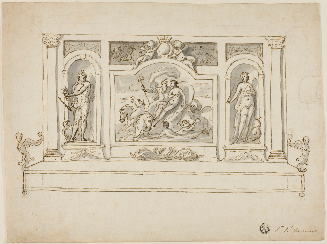Neptunusz és Amphitrité, Jupiter és Juno mellett: festett csarnok vagy kerti pad tervezése alkotó: James Thornhill