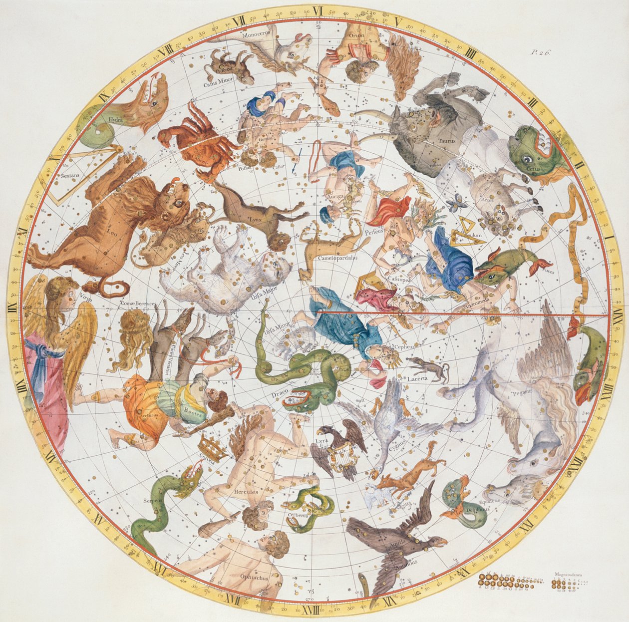 26. tábla az „Atlas Coelestis”-ből, John Flamsteed (1646-1719), pub. 1719-ben (kézzel színezett metszet) alkotó: James Thornhill