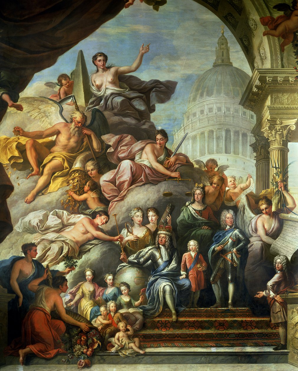 Az I. Györgyöt (1660-1727) és a Hannover-házat (1718-24) dicsőítő Felső terem hátsó falfestménye (lásd még: 208091, 7797 és 28499) alkotó: James Thornhill