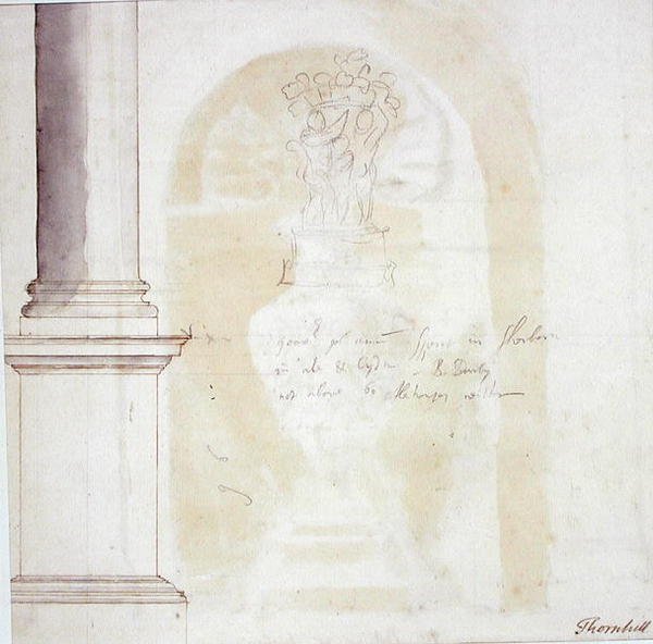 Oszlop és szobor vázlata (toll, tinta és barna mosás papíron) alkotó: James Thornhill