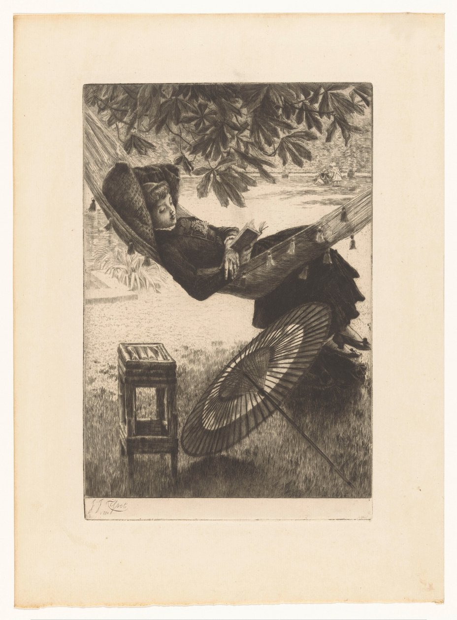 Fiatal nő egy függőágyban olvas alkotó: James Tissot