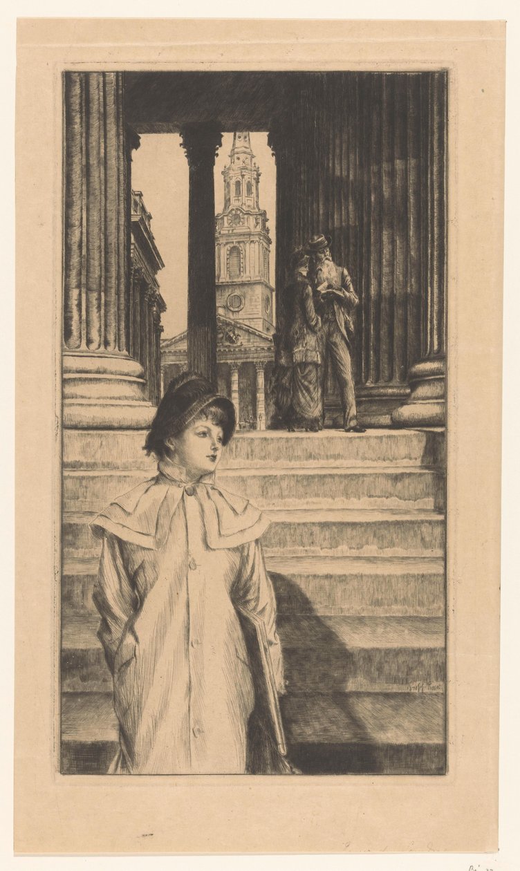 Fiatal nő sétál le a londoni National Gallery lépcsőjén alkotó: James Tissot