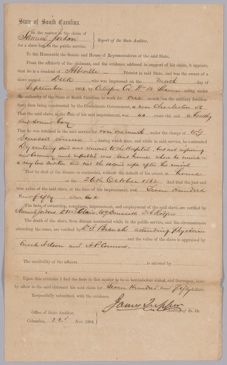 A Dél-Karolina Konföderációs állam által ítélt követelést a rabszolgaságba esett Dicknek ítélték oda, 1864. november 23-án. alkotó: James Tupper