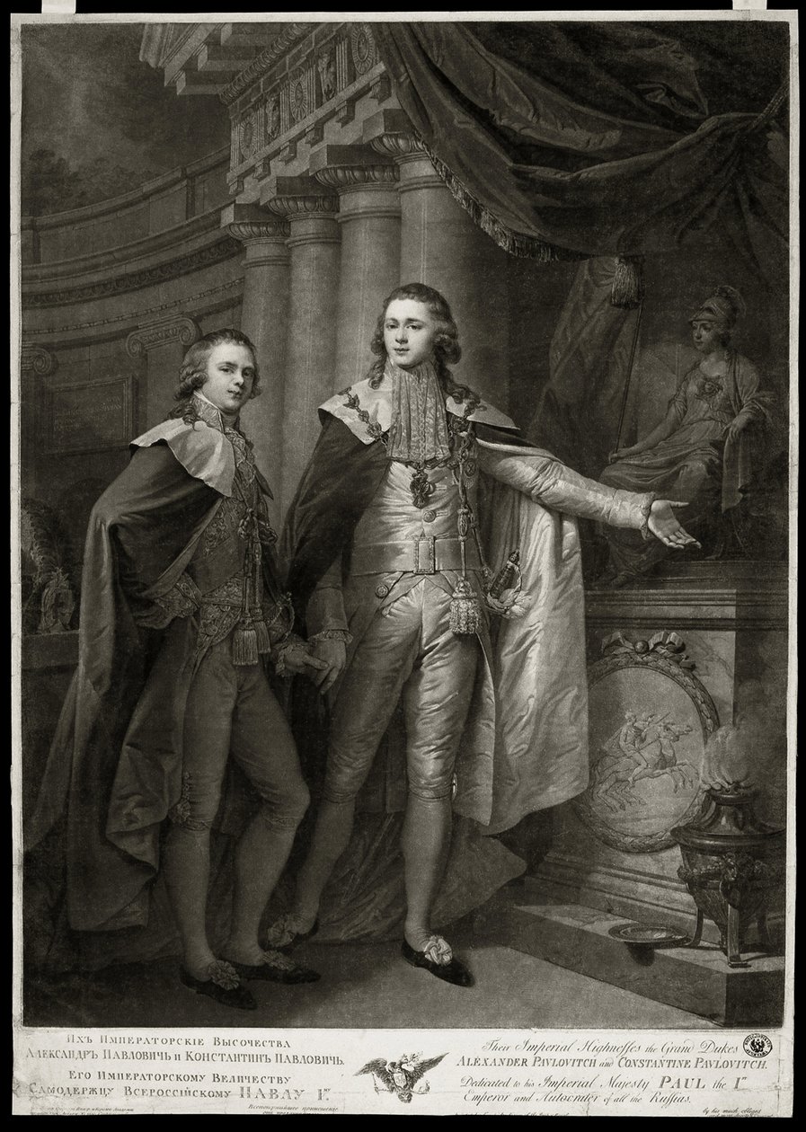 I. Pavlovics Sándor (1777-1825) és Konstantin Pavlovics (1779-1831) oroszországi nagyhercegek portréi. James Walker munkája (1748-1808 körül), metszet 1797. Angol művészet alkotó: James Walker