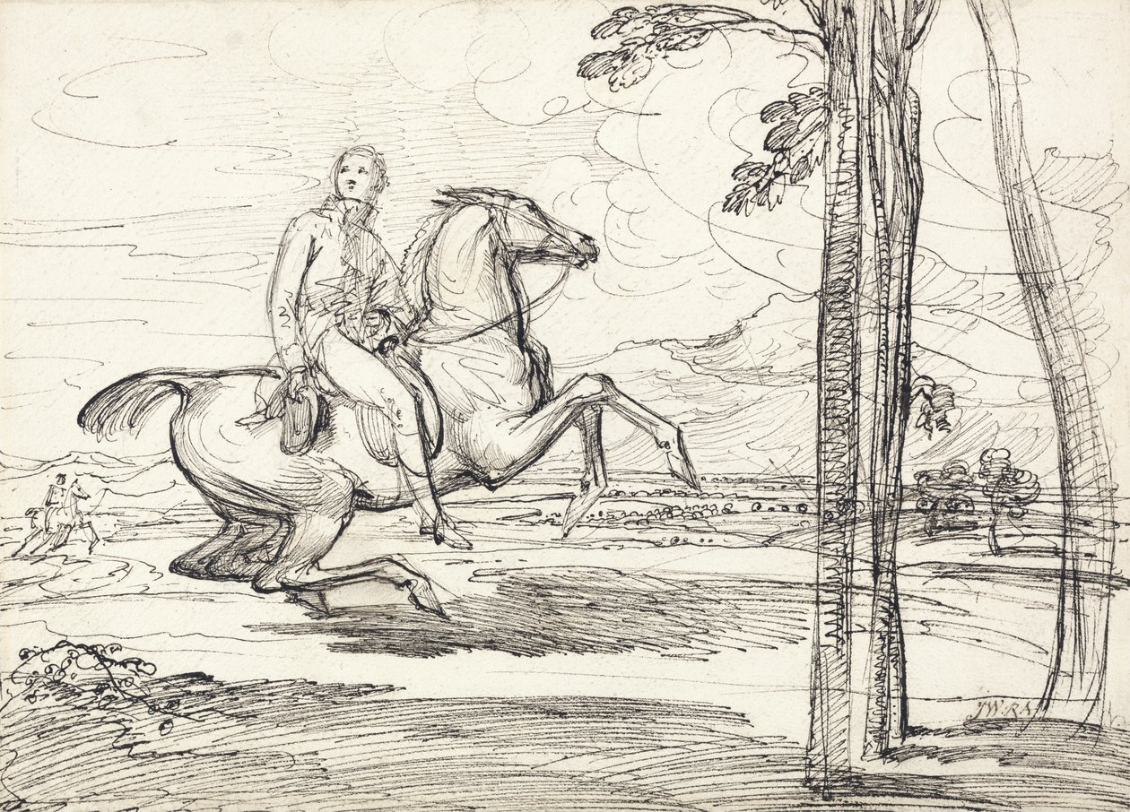Egy lovas a tájban, valószínűleg egy tanulmány a „Theophilus Levett Rókavadászat a Wychnor Parkban” c. alkotó: James Ward