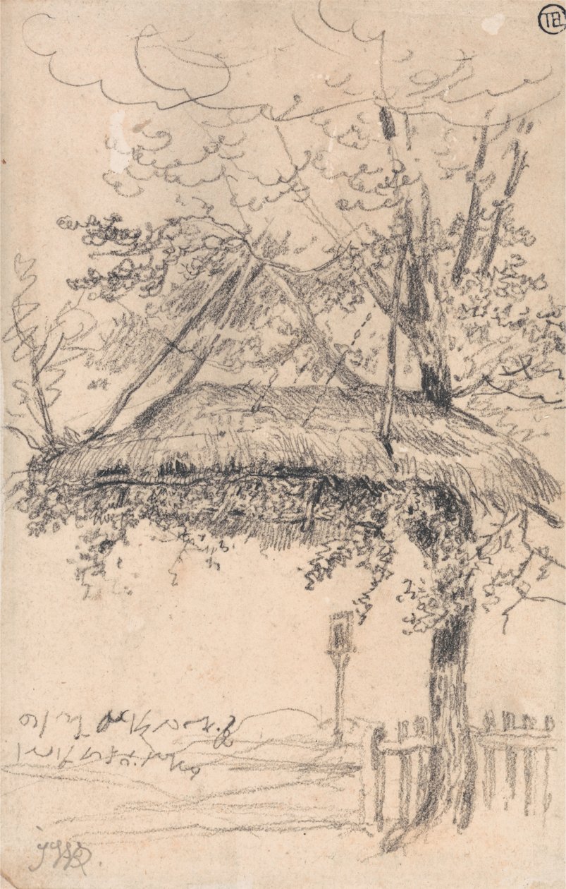 Egy fára függesztett nádfedeles menedék (ceruza és fekete tinta papíron) alkotó: James Ward