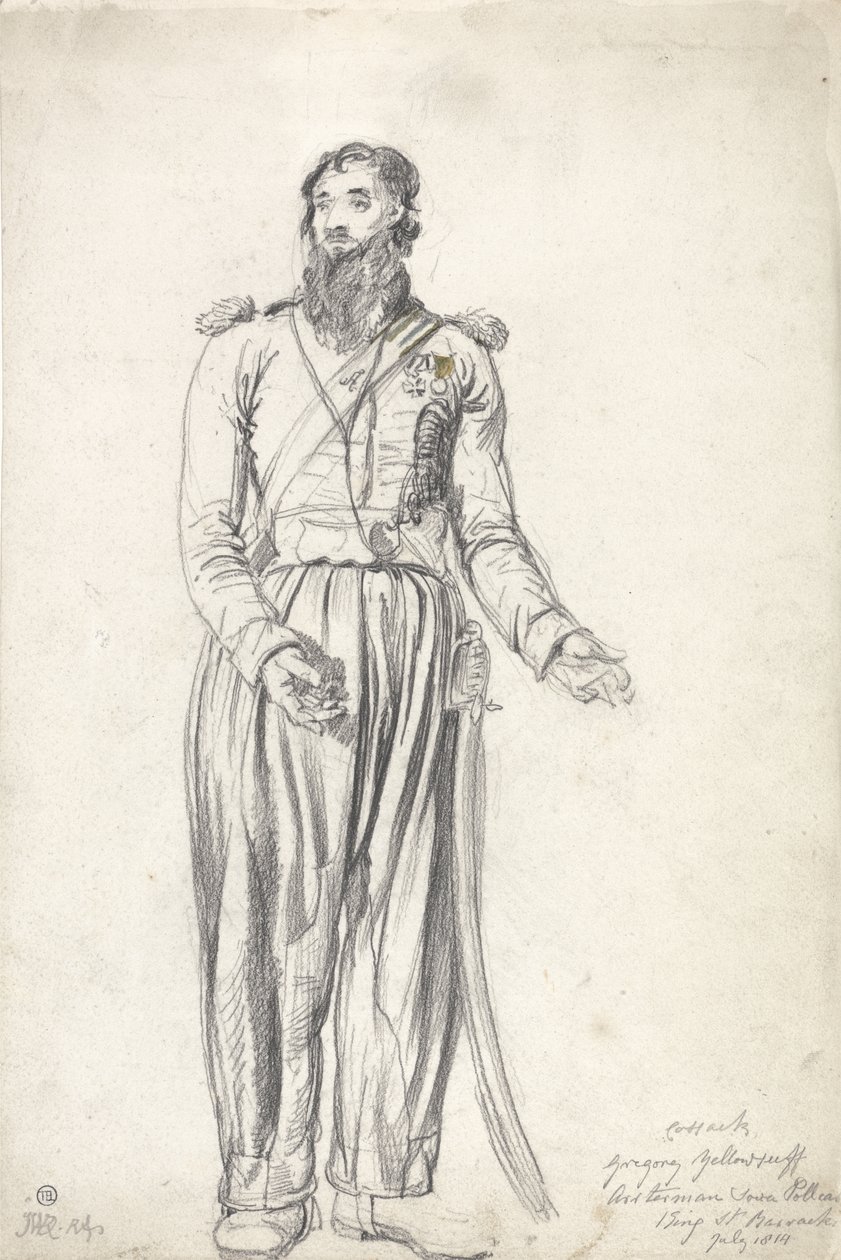 A kozák, Gregory Yelloserf, 1814. július (fekete kréta és akvarell papíron) alkotó: James Ward