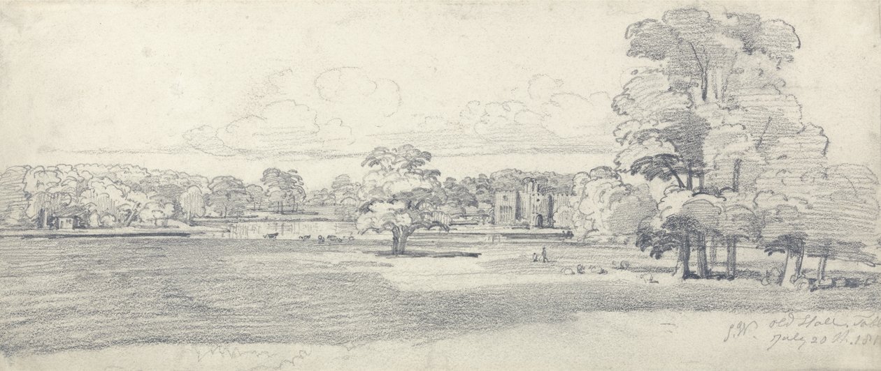 The Old Hall, Tabley, Parkland körül, 1814. július 20. (ceruza papíron) alkotó: James Ward