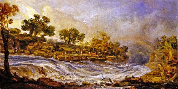 A Rapids a Clyde-vízesés felett, Lanarkshire (olaj a panelen) alkotó: James Ward
