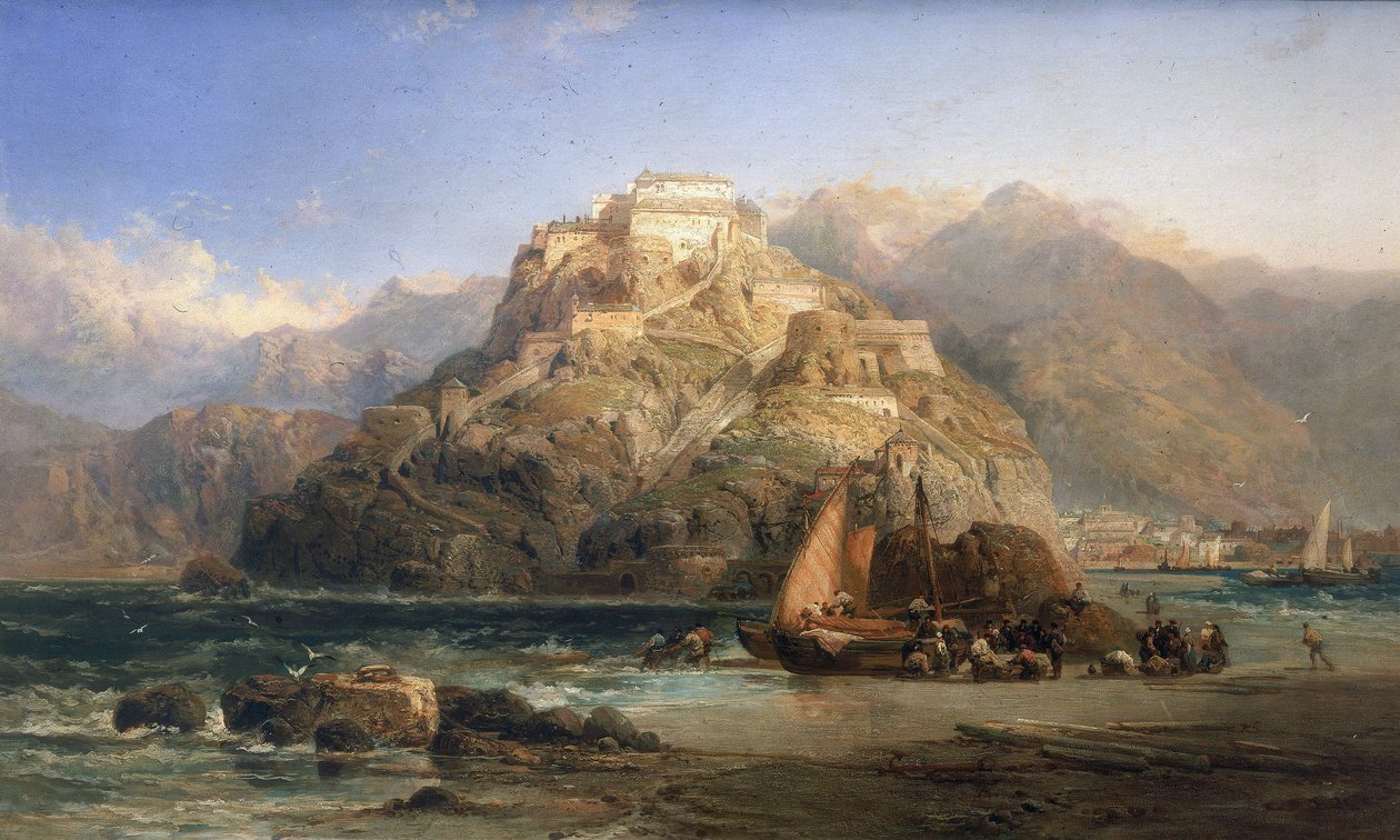 San Sebastián (Spanyolország) látképe, középen az Urgull-hegy és a Santa Cruz de la Mota várának épületei. James Webb (1853 és 1888 között tevékenykedett) olaj, vászon. alkotó: James Webb