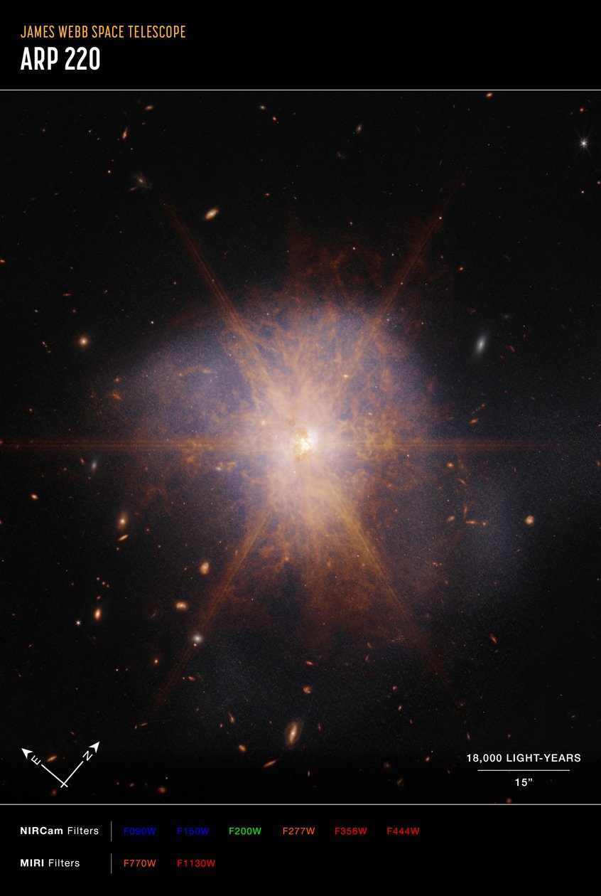 Arp 220 (NIRCam és MIRI Compass kép) alkotó: James Webb Space Telescope (NASA)