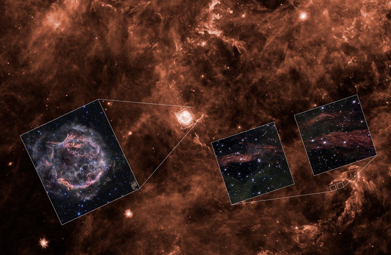 A Cassiopeia A fény visszhangjai (Spitzer-kontextus) alkotó: James Webb Space Telescope (NASA)