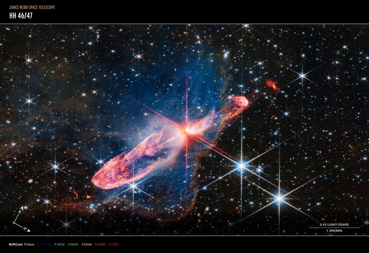 Herbig-Haro 46/47 (NIRCam iránytű képe) alkotó: James Webb Space Telescope (NASA)
