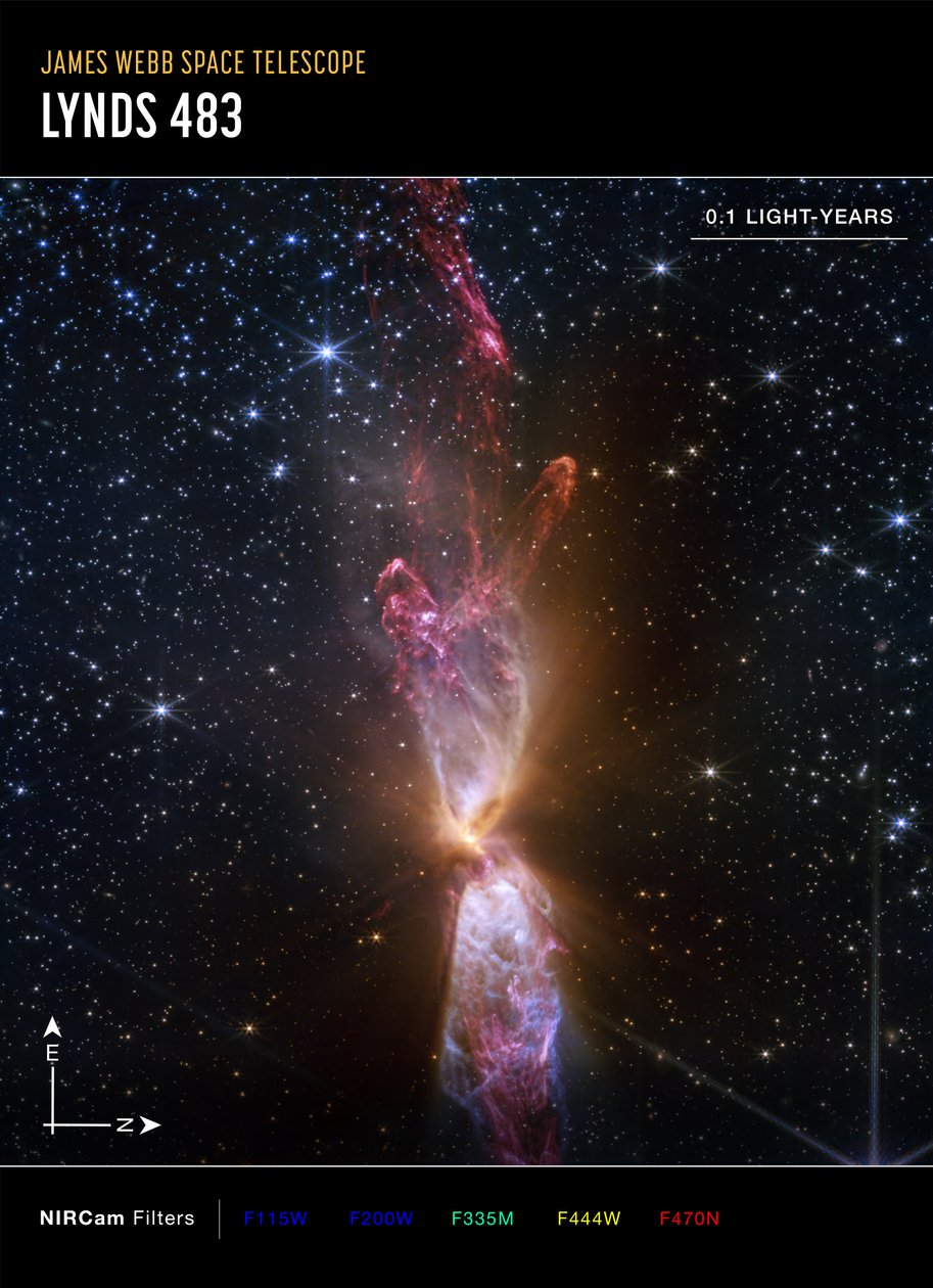 Lynds 483 (NIRCam Compass felvétel) alkotó: James Webb Space Telescope (NASA)