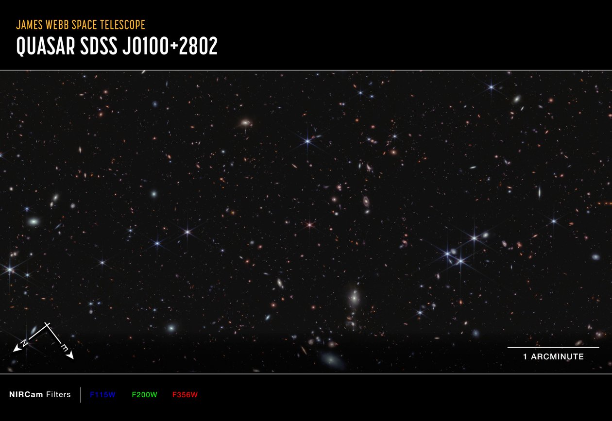 Quasar J0100+2802 (NIRCam iránytű képe) alkotó: James Webb Space Telescope (NASA)