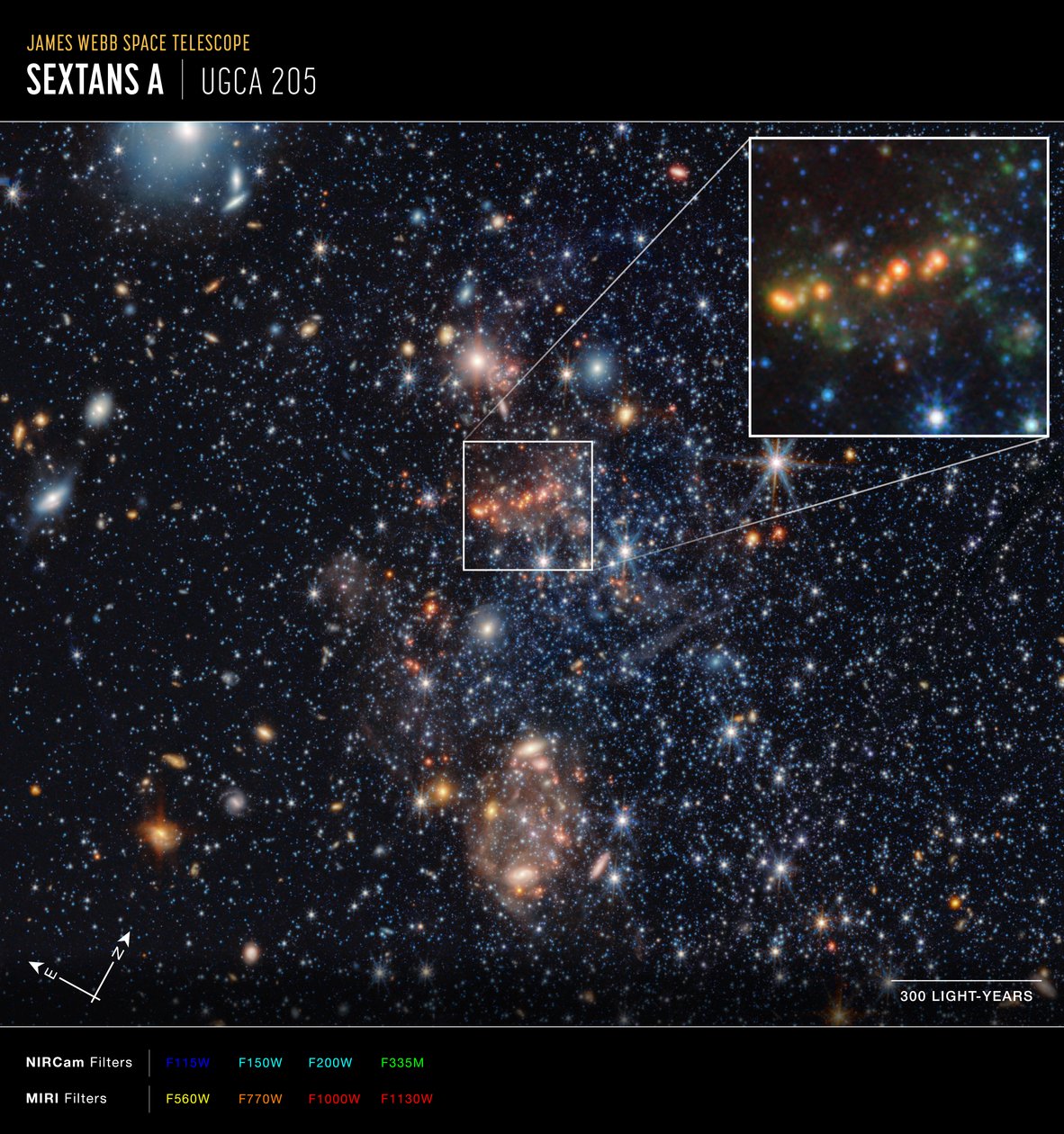 A Sextans csillagképben található poliaromás szénhidrogének (PAH-ok) eltávolítása (Compass Image) alkotó: James Webb Space Telescope (NASA)