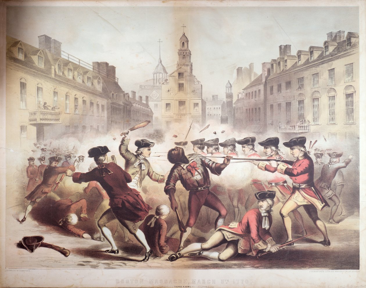 Crispus Attucks halála a bostoni mészárlásban, 1770. március 5., 1856 (kromolito) alkotó: James Wells Champney