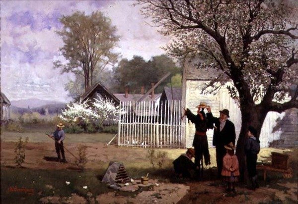 Madárijesztő készítése, 1880 körül (olaj, vászon) alkotó: James Wells Champney