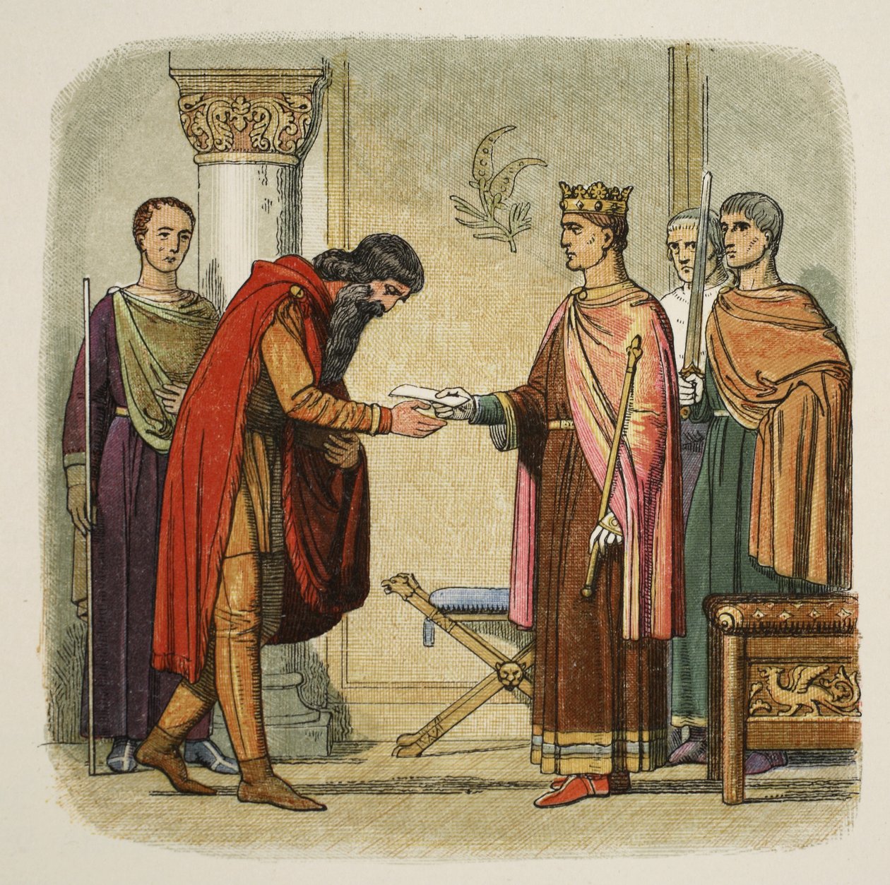 Henrik felhatalmazza Dermodot, hogy hadsereget vezényeljen, 1170, A Chronicle of England BC 55 to AD 1485, pub. London, 1863 alkotó: James William Edmund Doyle