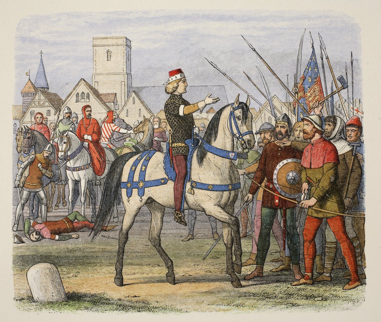 Richard átveszi a lázadók parancsnokságát a paraszti lázadásban, az A Chronicle of England BC 55-től Kr. u. 1485-ig, pub. London alkotó: James William Edmund Doyle