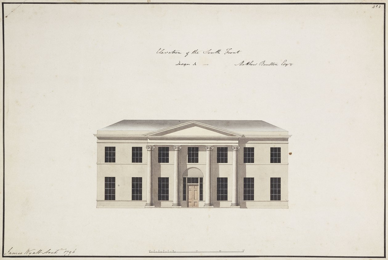 Soho House: A földszint terve; A Hálószobás emelet terve; A déli front emelkedése, A terv, a déli front emelkedése, a B terv és az északi front magassága, 1796 alkotó: James Wyatt