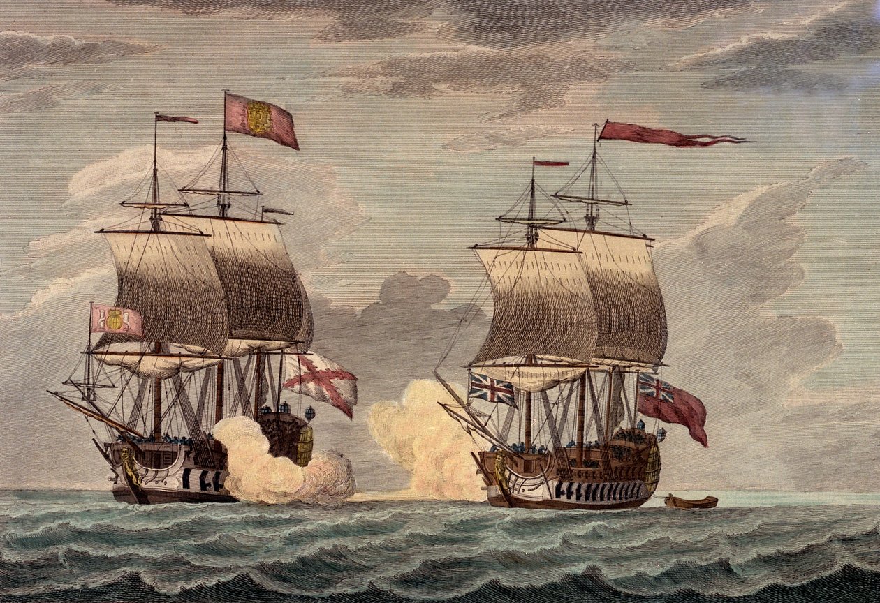 "Commodore Anson a Centurionon 227 fős legénységgel, amelyből 30 fiú volt, 1743. június 20-án délután két óra körül megtámadja és kevesebb mint fél óra alatt arra kényszeríti, hogy lecsapjon és feladja a Nuestra Senora de Capodongo nevű gazdag acupulcói ha alkotó: James and Laurie Robert (1755 1836) Whittle