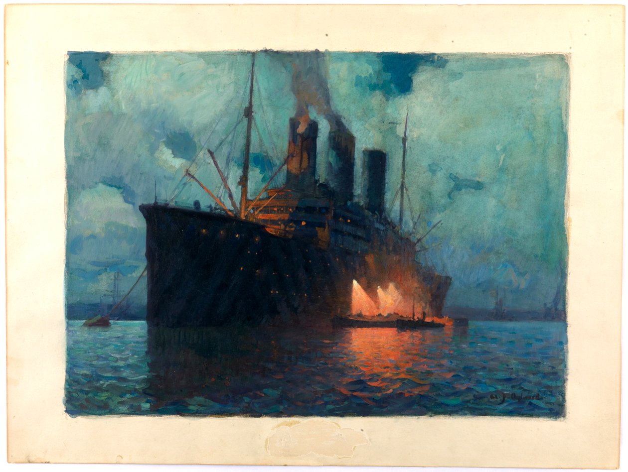 Szállítóhajó füstölése éjszaka, 1919 körül (olaj, karton) alkotó: James de Vine Aylward